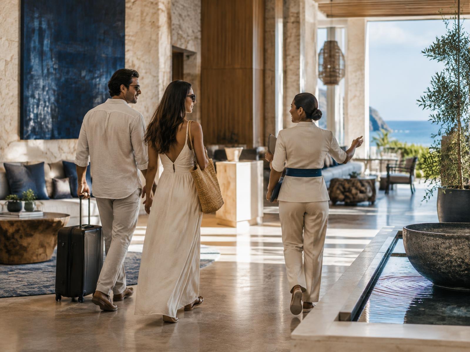 Viajeros recibiendo orientación personalizada en un hotel