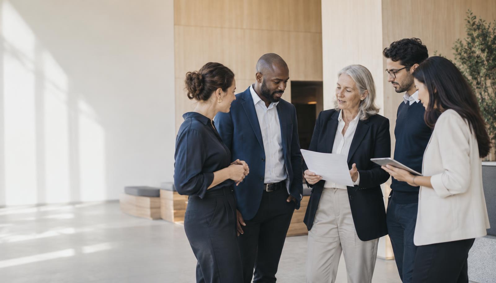 Equipo de profesionales de distintas áreas conversando en una oficina luminosa